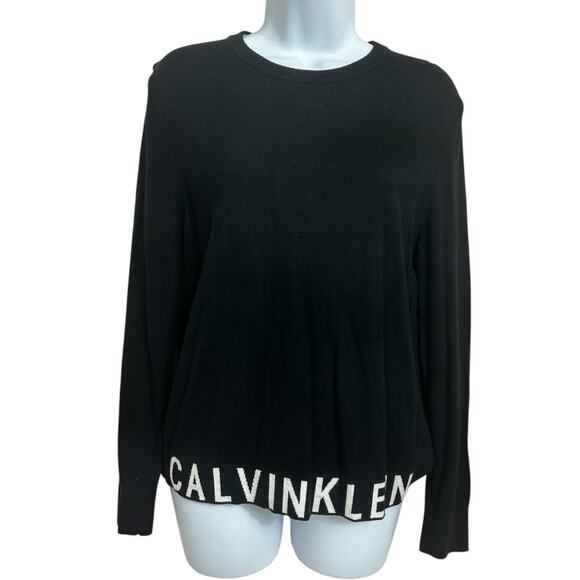 Calvin Klein Jeans Black Sweater Women's Sz M Hem Spell-Out Pullover Top - Picture 3 of 7